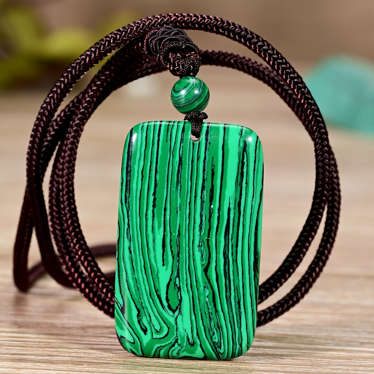 Malachite Square Pendant Long Necklace, Bohemian Style